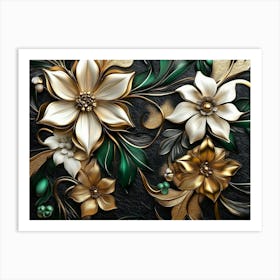 Luxury Floral Seamless With Flowers Elegant Leather Texture Illustration Background In Golden, Green, White 1 Art Print