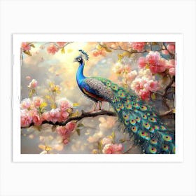 Peacock On Branch with Colorful Flowers 3d Art Print