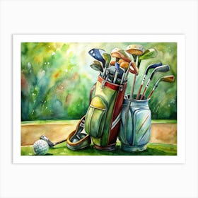 Golf Clubs In Bags With A Golf Ball On A Green Background Art Print