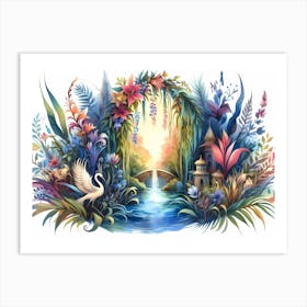 Swans And Flowers Art Print