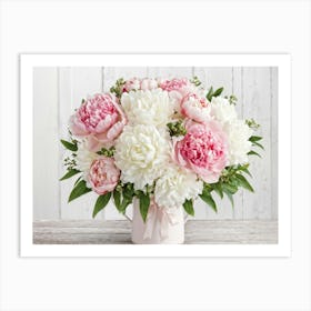 A Bouquet Of Pastel Pink And Pristine White Peonies With Hints Of Red Arranged Densely In A Natural (3) Art Print