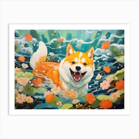 Shiba Inu Dog Swimming In The Sea Art Print