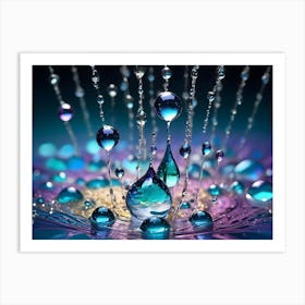 Colorful Water Drops Collide In Mid Air, Forming Intricate Sculptures And Reflecting A Spectrum Of Light Art Print