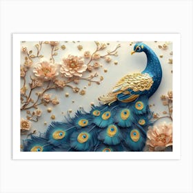 3d Peacock Illustration Background With Golden Jewelry And Flowers Art Print