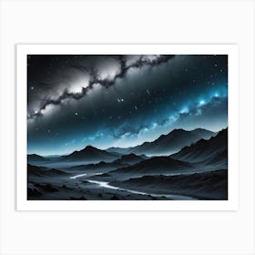 A Dark, Otherworldly Landscape With A Winding River Flowing Through A Valley Under A Starry Night Sky Art Print