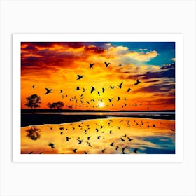 Birds In Flight At Sunset Art Print