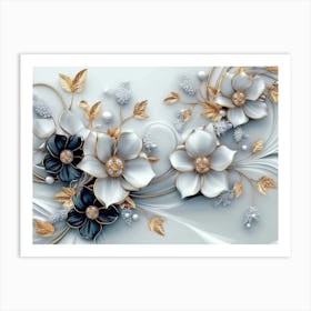 3d Golden Jewelry Flowers Art Print