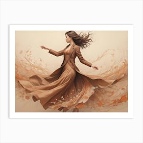 Woman In A Flowing Brown Dress And Coat, With A Swirling Floral Pattern Art Print