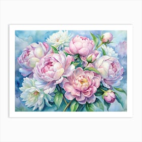 Watercolor Painting Of Pink And White Peonies Art Print