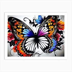 Butterfly With Roses 2 Art Print