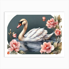 Swan With Roses 1 Art Print