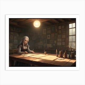 A Woman With Long White Hair Sits At A Table Writing In A Cozy, Rustic Room Filled With Books And Artwork, Creating A Sense Of Creativity And Inspiration Art Print