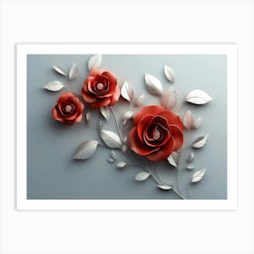 3d Art With Red, Rose Simple Floral Painting Light Gray Background Art Print