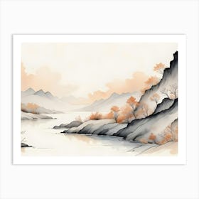 Watercolor Painting Of A Landscape With Mountains, A River, And Trees Art Print