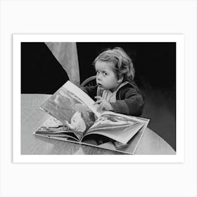 Child Reading A Book, Black and White, Vintage Old Photo Art Print