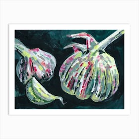Garlic Cloves On Deep Green painting still life kitchen art food dark hand painted figurative classical modern Art Print