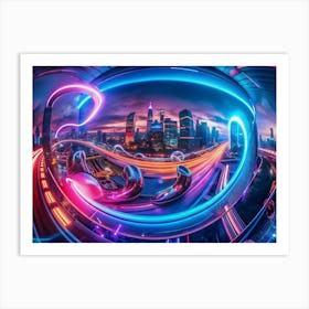 A Futuristic Cityscape At Night With Swirling Neon Lights, Skyscrapers, And Abstract Shapes, Creating A Sense Of Movement And Technological Advancement Art Print