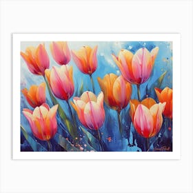 Acrylic And Blue Ink Tulips Art Print