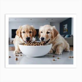 Golden Retriever Puppies Eating Food Art Print