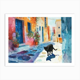 Santorini, Greece   Cat In Street Art Watercolour Painting 4 Art Print