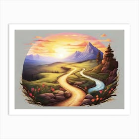 Beautiful Country Path With A Small River And Some Flowers And Trees Leading To A Bright Sunrise By The Mountains - Vivid Color Illustration Art Print