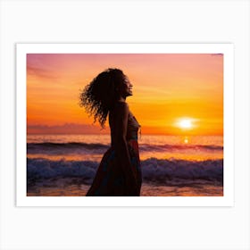 African Woman Radiant Smile Embracing The Warmth Of A Summer Sunset Silhouette Outlined Against T (1) Art Print