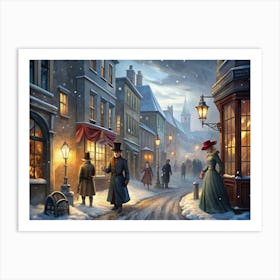 Victorian Street Scene At Night In The Snow 1 Art Print