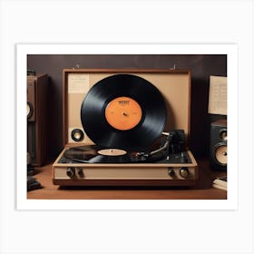 A Still Life Photo Of A Vintage Record Player With A Vinyl Record Spinning, Surrounded By Other Musical Instruments Art Print