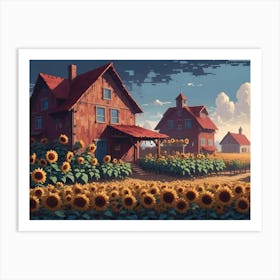 Pixel Art Style Farm With Sunflowers And Houses Art Print