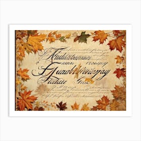 An Autumny Vintage Greeting For Thanksgiving The Text Swirling In The Form Of Autumnal Calligraphy (6) Art Print