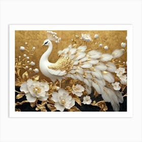 Golden And White Floral Peacock Art Print