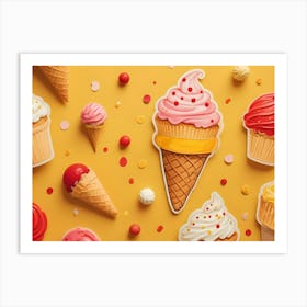 A Playful Illustration Of Ice Cream Cones And Cupcakes With Various Toppings On A Yellow Background Art Print