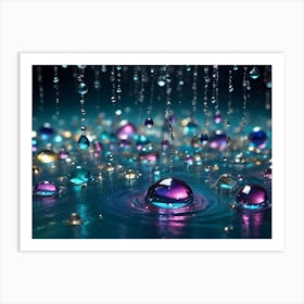 Colorful Water Droplets Hang Suspended In Mid Air, Some Falling And Creating Ripples On A Reflective Blue Surface Art Print