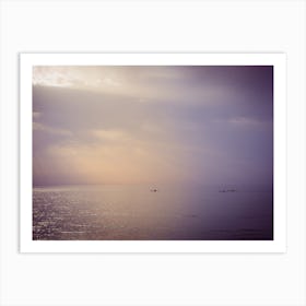 Three Canoes Sailing At Sea During Sunset Art Print