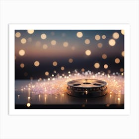 A Reel Of Film Is Placed On A White Surface, Surrounded By Fairy Lights Art Print