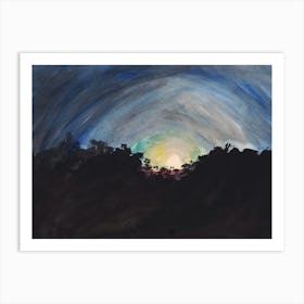 Sun Behind The Trees - watercolor impressionism nature sky sunset hand painted dark black blue Art Print
