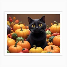 Black Cat Sitting In A Pile Of Pumpkins With A Rustic Background Art Print