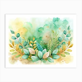 Watercolor Green And Yellow Leaves On Abstract Background Art Print