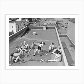 Women Boxing on Roof, Vintage Black and White Old Photo Art Print