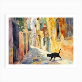 Malaga, Spain   Cat In Street Art Watercolour Painting 1 Art Print