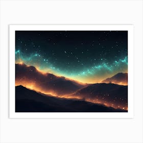 A Digital Illustration Of A Dark, Mountainous Landscape With Glowing, Golden Light Emanating From The Peaks, Set Against A Starry Night Sky With A Swirling Nebula Art Print