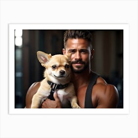 Bodybuilder holding cute Chihuahua dog 1 Art Print