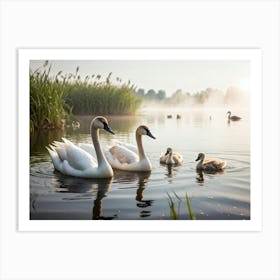 Swan Family With Cygnets Gliding On A Serene Lake Canadian Geese And Ducks Paddling Nearby Feather (1) Art Print