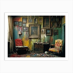 Interior Of A Vintage Horror Inspired Room With Rainbow Hued Aged Grunge Wallpaper Peeling Away To 2 1 Art Print