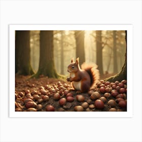 Red Squirrel Sitting On A Log Surrounded By Acorns In A Forest 4 Art Print