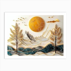 Modern Landscape with Leaves Tree, Golden Lines, Golden Sun and Mountain Art Print