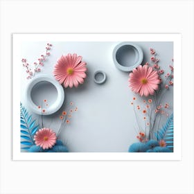 Pastel Color, 3d Artwork Illustration Art With Flowers And Circles In Light Gray Background Art Print