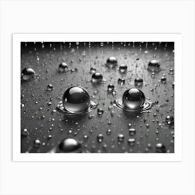 A Macro Shot Of Silver Liquid Droplets On A Dark, Metallic Surface Art Print