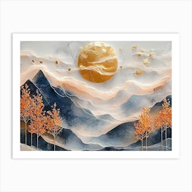 3d Modern Landscape Moon, Golden Christmas Trees, Colorful Mountains Art Print