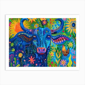 Blue Cow With Flowers Art Print